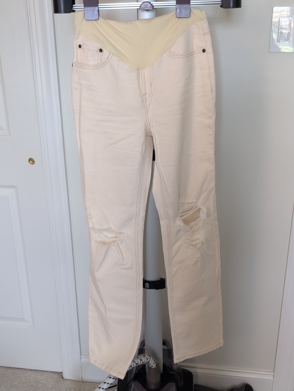 Pinkblush Beige Straight Leg Maternity Jeans with Distressed Knees